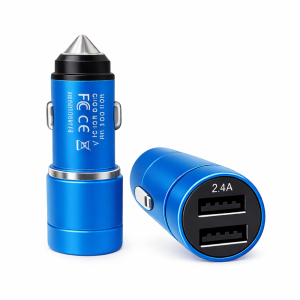 USB-lader til bil med 2 porter og hurtiglader blå