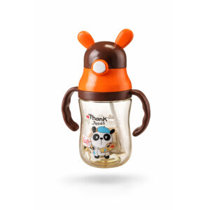 Barneflaske med sugerør og håndtak 350ml Brun