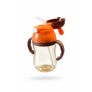 Barneflaske med sugerør og håndtak 350ml Brun