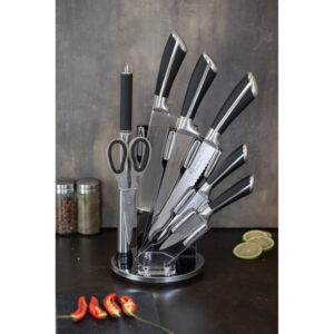 Knivsett 8 deler – karbonstål med roterende stativ