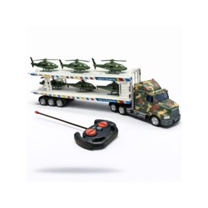 Radiostyrt militærtransport – lastebil med henger og helikoptre