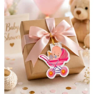 Babyshower Gratulasjonskort – Baby i barnevogn rosa