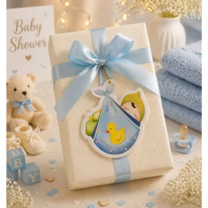 Babyshower Gratulasjonskort – Baby i pose blå design