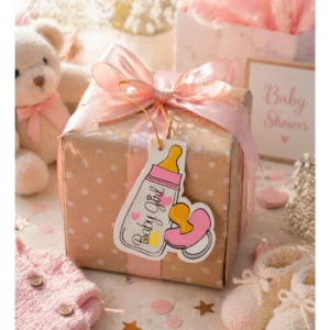 Babyshower Gratulasjonskort – Babyflaske & smokk rosa design