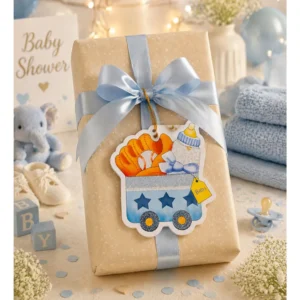 Babyshower Gratulasjonskort – Babykurv blå/gul design