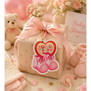 Babyshower Gratulasjonskort – Babysko “Girl” rosa design