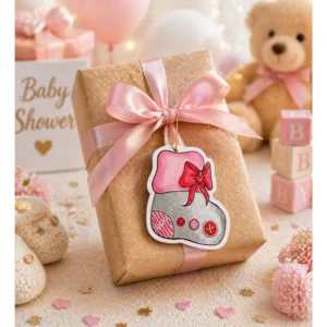 Babyshower Gratulasjonskort – Babysokk rosa med sløyfe