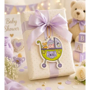 Babyshower Gratulasjonskort – Barnevogn lilla/grønn design