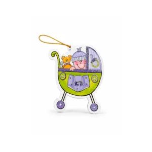 Babyshower Gratulasjonskort – Barnevogn lilla/grønn design