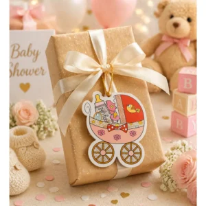 Babyshower Gratulasjonskort – Barnevogn rosa design