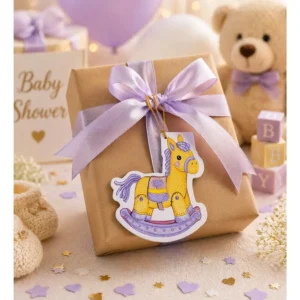 Babyshower Gratulasjonskort – Gyngende hest lilla/gul