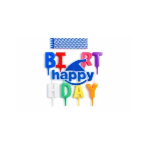 Happy Birthday kakelys med bokstaver og lys Blå