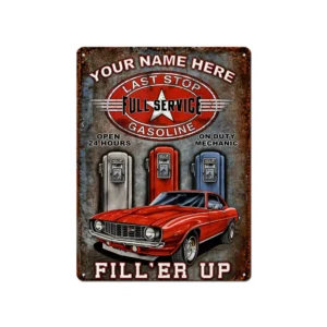 Vintage Metallskilt “Custom Name Last Stop Gasoline” 20x30 cm