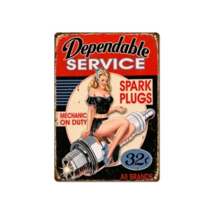 Vintage Metallskilt “Dependable Service – Spark Plugs” 20x30 cm