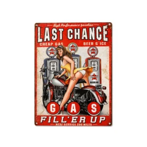 Vintage metallskilt “Last Chance Gas – Fill’er Up” 20x30 cm