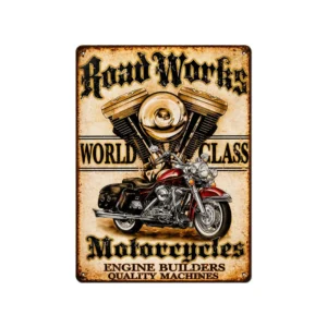 Vintage metallskilt “Road Works Motorcycles” 20x30 cm