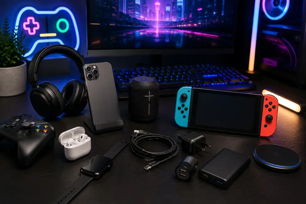 Elektronikk med gamingutstyr, mobiltilbehør og moderne gadgets på skrivebord