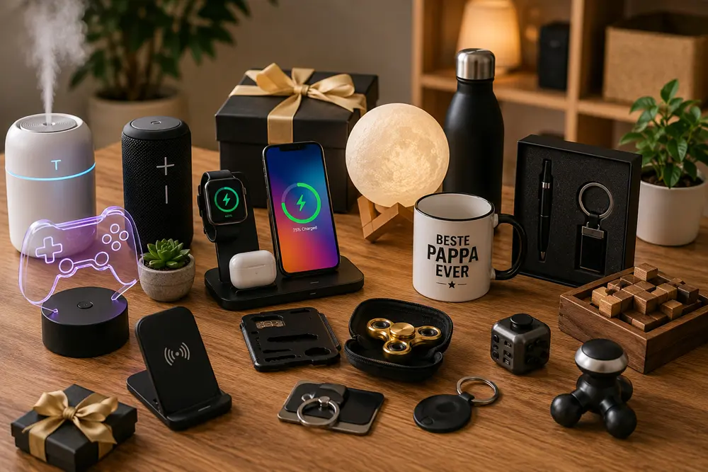 Gadgets, gaveartikler og smarte produkter presentert på et moderne bord