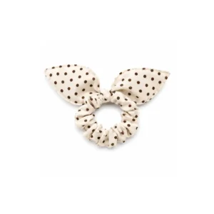 Hårstrikk med kaninører – myk scrunchie med prikker beige
