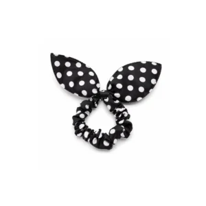 Hårstrikk med kaninører – myk scrunchie med prikker svarte
