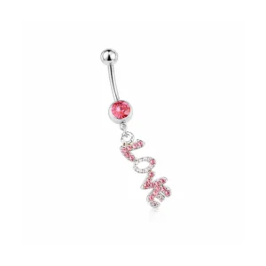 Navelring med LOVE anheng og rosa krystaller – hengende design