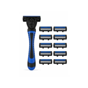 Blå/svart barberhøvel med 3 blader og 10 ekstra barberblader