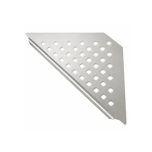 Design hjørnehylle i rustfritt stål for dusj med perforert bunn og montering uten boring.