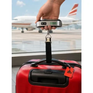 Digital bagasjevekt i bruk på en rød koffert på flyplass, perfekt for å kontrollere bagasjevekten før innsjekking.