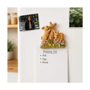 Kjøleskapsmagnet med detaljert motiv av to kaniner ved et tre i resin.