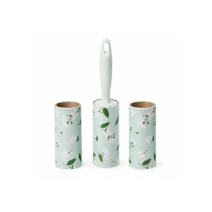 Klesrulle med blomsterdesign, håndtak og tre ruller for fjerning av hår, lo og støv fra klær og tekstiler.
