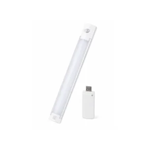 Oppladbar LED sensorlampe med bevegelsessensor og varmhvitt lys.