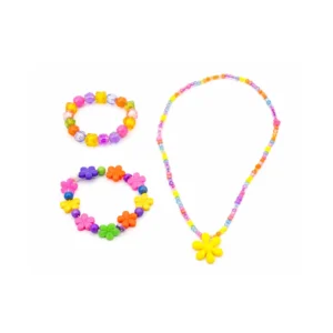 Perlesett for smykkelaging med fargerike perler og elastiske snorer til armbånd og halskjeder for barn fra 3 år.