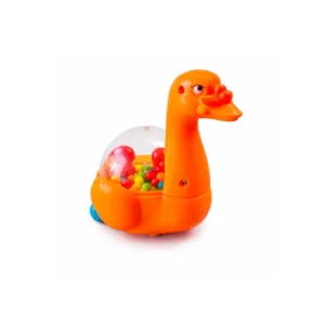 Oransje Pop Pop and rulleleke med fargerike kuler under gjennomsiktig kuppel.