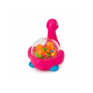 Bakside av rosa Pop Pop and rulleleke med gjennomsiktig kuppel og fargerike kuler.