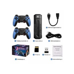 Retro Game Stick 4K 128GB med over 40 000 spill, to trådløse kontrollere, HDMI-tilkobling og Plug & Play for TV.