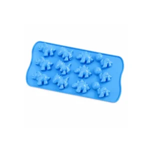 Blå silikonform med 12 dinosaurfigurer til isbiter, sjokolade, gelé og små kaker.