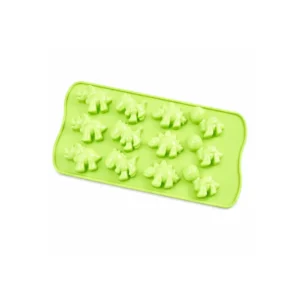 Grønn silikonform med 12 dinosaurfigurer til isbiter, sjokolade, gelé og små kaker.