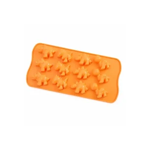 Oransje silikonform med 12 dinosaurfigurer til isbiter, sjokolade, gelé og små kaker.