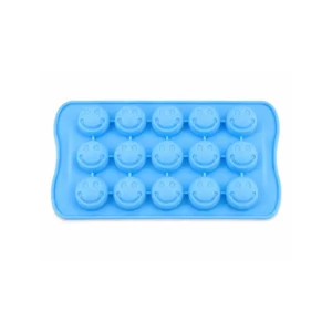 Blå silikonform med 15 smilefjes til isbiter, sjokolade, gelé og små kaker.