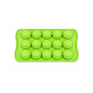 Grønn silikonform med 15 smilefjes til isbiter, sjokolade, gelé og små kaker.