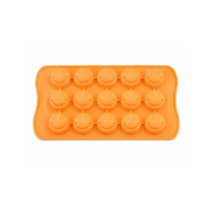 Oransje silikonform med 15 smilefjes til isbiter, sjokolade, gelé og små kaker.