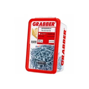 Grabber sponplateskrue 4,3 x 28 mm blankforsinket for tre mot tre, 250 stk med T20 bits.