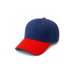 Blå og rød caps med tofarget design og buet brem