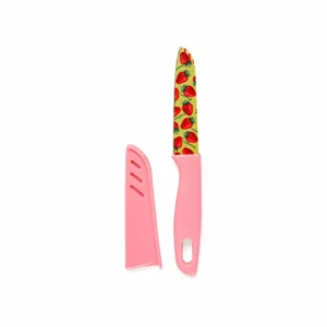 Fruktkniv med jordbærmønster og rosa knivbeskytter