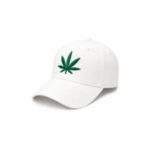 Hvit caps med brodert grønt cannabis blad