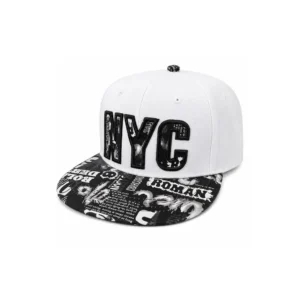 Hvit justerbar snapback caps med NYC-motiv og svart-hvitt mønstret brem