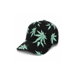 Svart caps med grønt cannabisblad mønster
