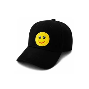 Svart justerbar caps med gul brodert smiley