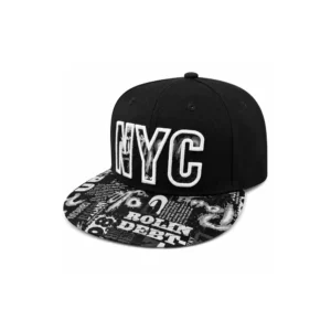 Svart justerbar snapback caps med NYC-motiv og mønstret flat brem