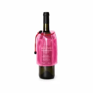 Vinkjøler med snøring og kjølegel i rosa rundt vinflaske